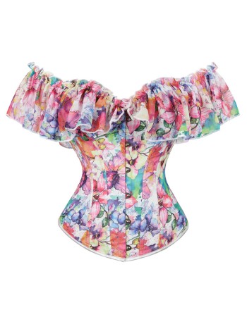 Floral Print Sexy Corset Shirt ff Shoulder Ruffles Sleeves Overbust Corset Top WK1903a