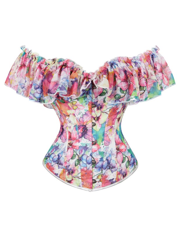 Floral Print Sexy Corset Shirt ff Shoulder Ruffles Sleeves Overbust Corset Top WK1903a