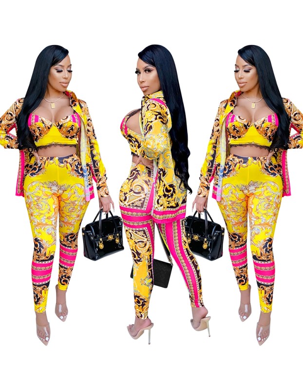 Milk Silk Women Sets Digital Printed Coat Vest Trousers Casual Suit X3690