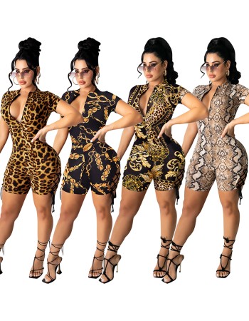 Women Leopard Print Lace Up And Cut Out Jumpsuit X5102