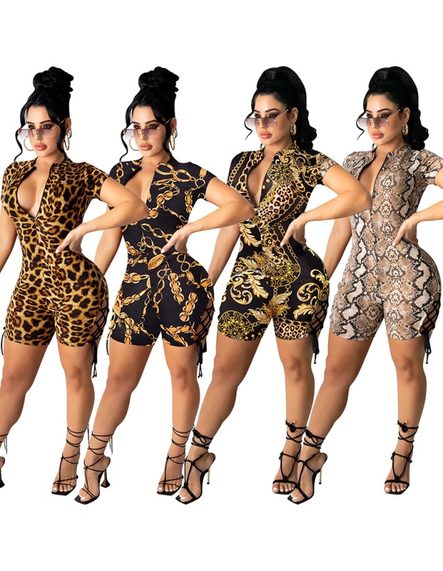 Women Leopard Print Lace Up And Cut Out Jumpsuit X5102