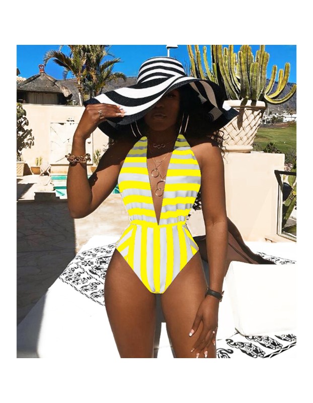 women halter deep V neck white black stripe one piece swimwear M8364