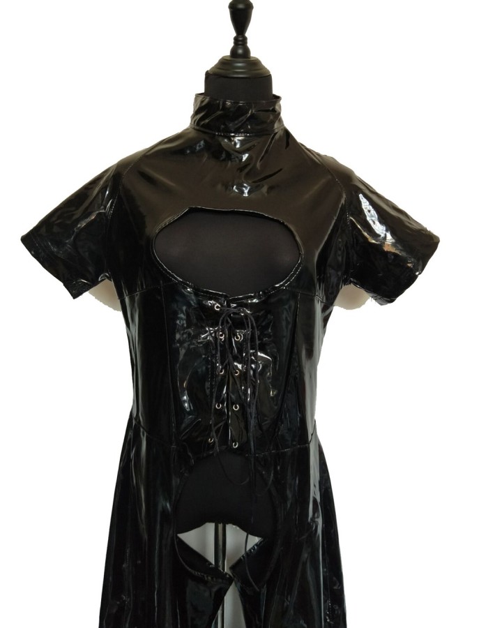Short-sleeved black leather catsuit m7173