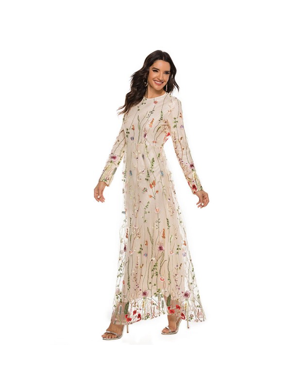 Lace Embroidery Ladies Partyl Dubai Sweet Flower Mesh Dress Women 21002