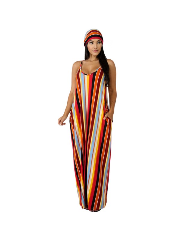 Women v neck spaghetti strap loose beach casual long maxi dress M9034