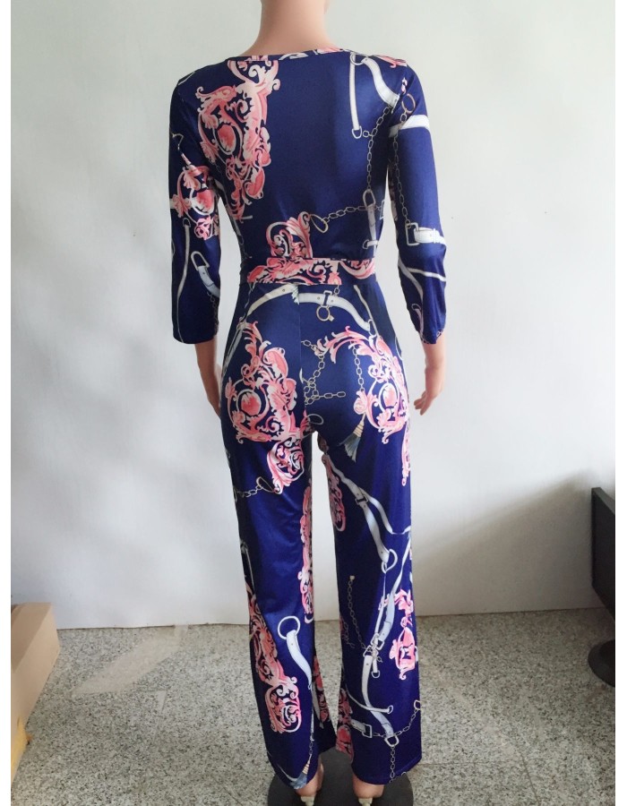 Women fashion three-quarter sleeve sexy v neck print jumpsuit M8228