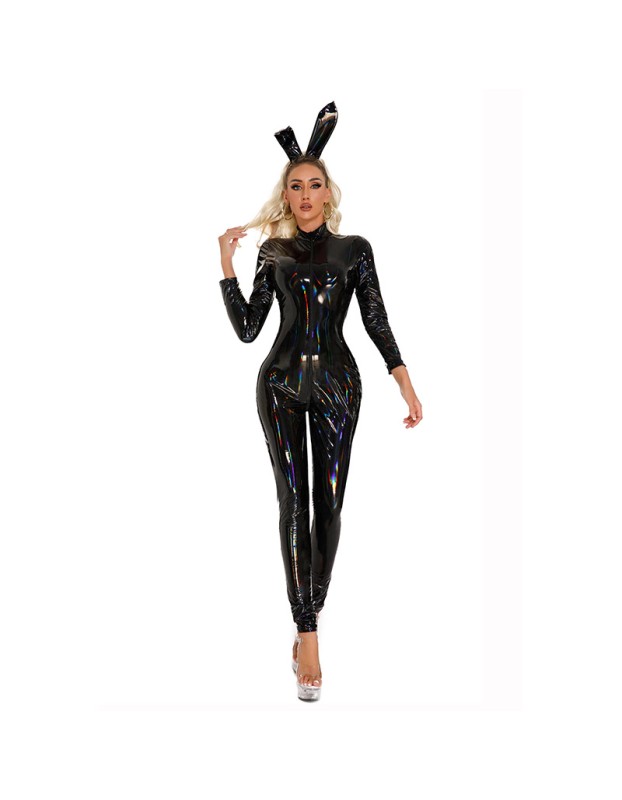 Leather Open Crotch Jumpsuit Shiny Magic Dead Bank Sexy Uniform Bodysuit XX6903