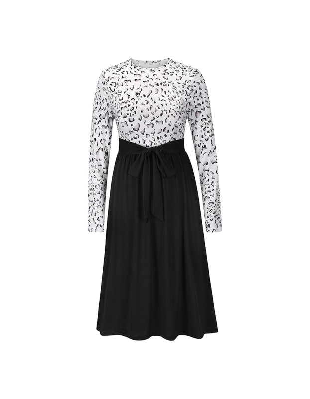 Leopard Print Plaid Long Stitching Body Lace Up Ladies Evening Jersey Dress LQ169