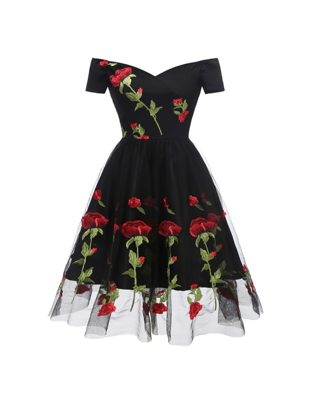 White And Black Mesh Sexy Transparent Rose Elegant Women Evening Print Dresses CD1609