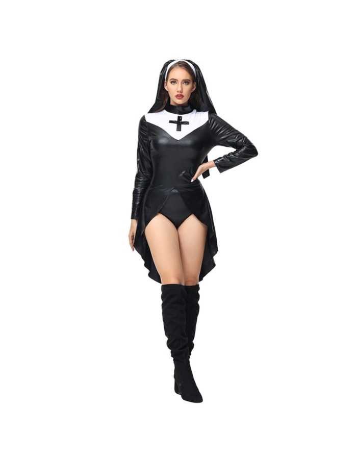 Sexy Nun Costume Women Faux Leather Bad Naughty Nun Roleplay Fancy Dress SL3401