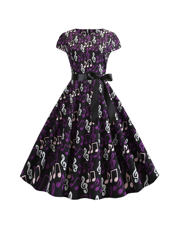 Note Print Summer Big Swing Women Clothing Star Dress JY13887