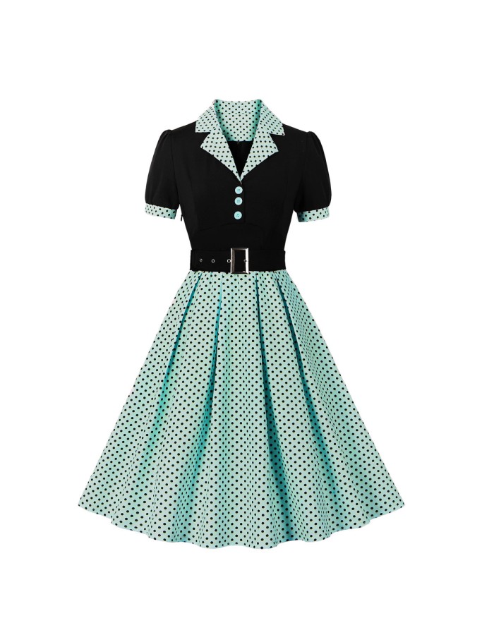 Women's 50s 60s Vintage Polka Dot Print Pin Up Rockabilly Dress With Belt M5173