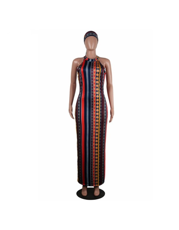 High Stretch Sexy Striped Bodycon Dress With Head Scarf M8288