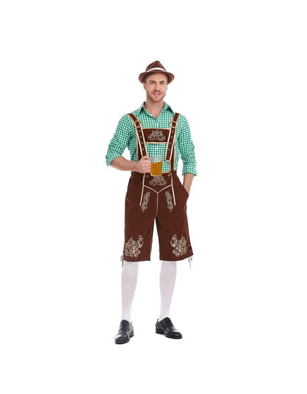 German Traditional Oktoberfest Plaid Shirt Men Beer Suspender Suit Costume YM3645