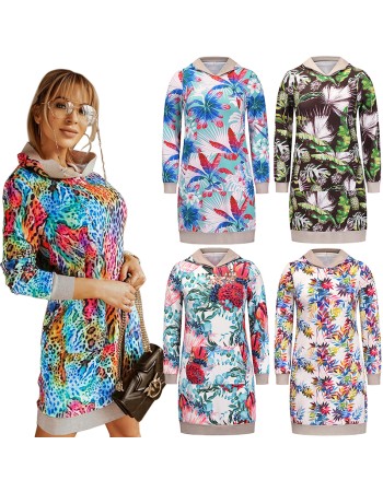 Sweatshirt Hooded Contrast Color Print Loose Long Sleeve Casual Dresses LQ153