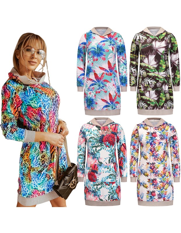 Sweatshirt Hooded Contrast Color Print Loose Long Sleeve Casual Dresses LQ153