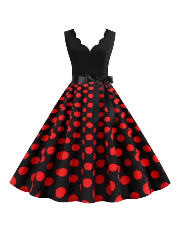 Burnt Polka Print Dot Office Wear Sleeveless V-neck White Dress JY14721