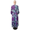 Full Sleeve Belted V-neck Floral Print Boho Chiffon Dress M8450