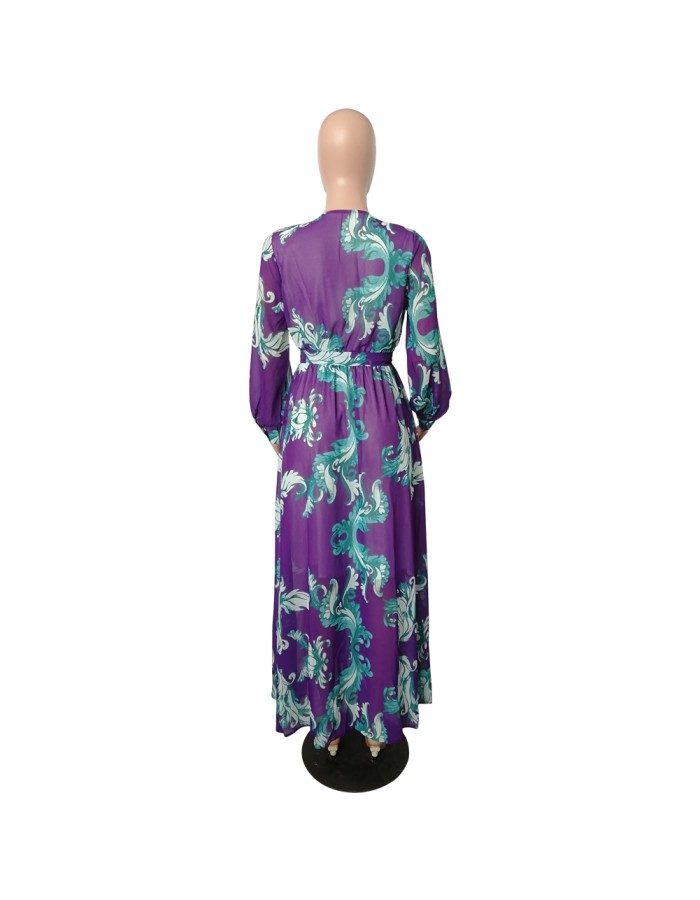 Full Sleeve Belted V-neck Floral Print Boho Chiffon Dress M8450