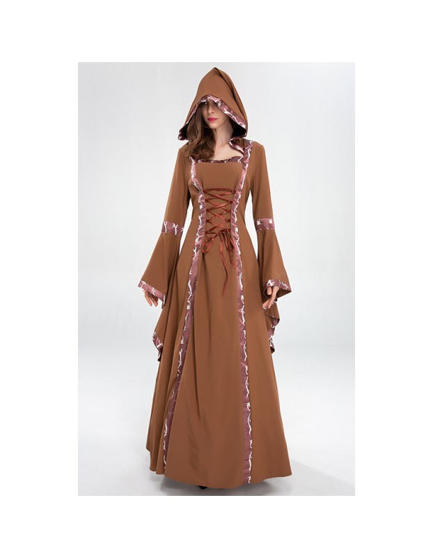Retro Hooded Dresses Horn Sleeve Square Neck Costume Full Skirted Stage YM9304