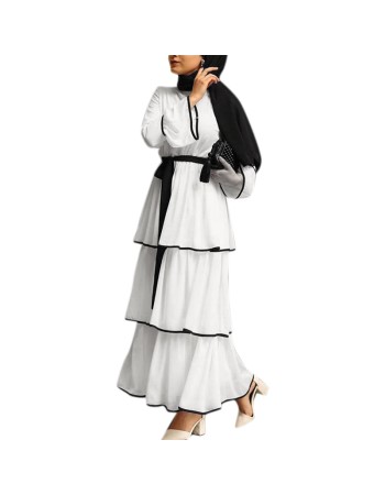 Plus Size Waist Strap Cake Flared Long Sleeve Black And White Casual Dress 1912
