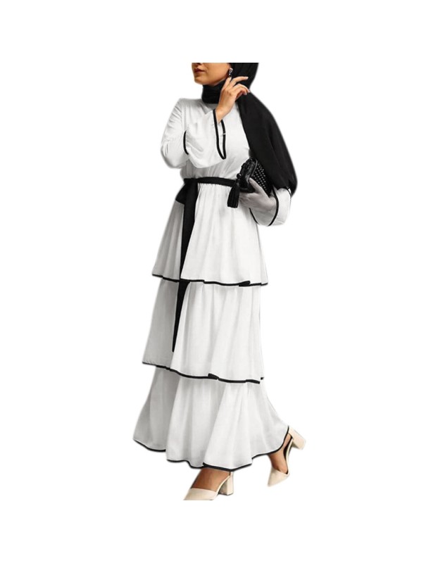 Plus Size Waist Strap Cake Flared Long Sleeve Black And White Casual Dress 1912