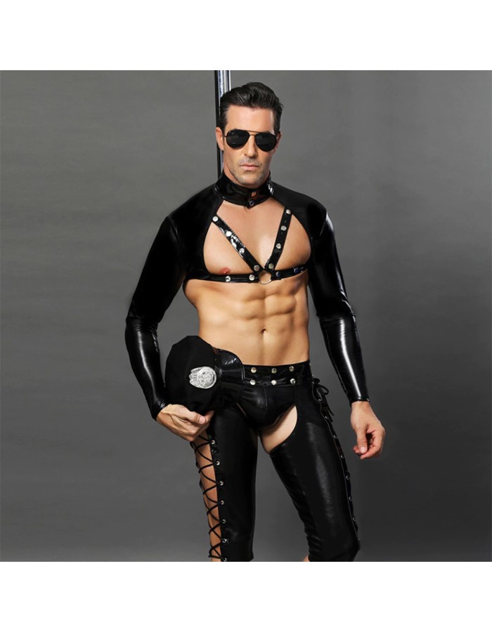 Men Sexy Wet Look PVC Leather Cosplay Police uniform N965