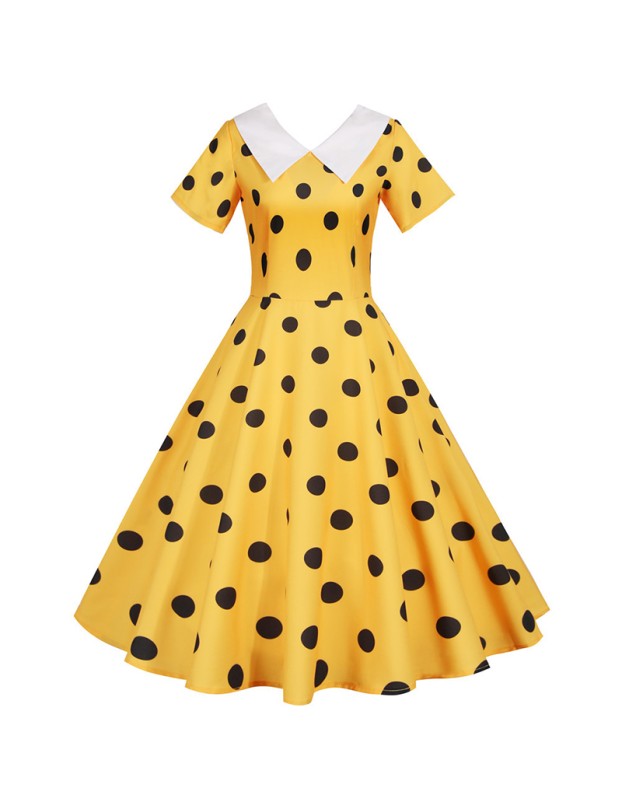 Ruched Short Sleeve Polka Dot Print Party Woman Midi Dress JY14782