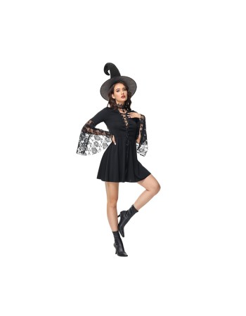 Halloween Party Cosplay Stage Black Cutout Lace Witch Dress Costume SL3399