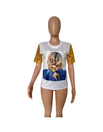 Women Tops Summer Short Sleeve Sequins T-Shirts M8443