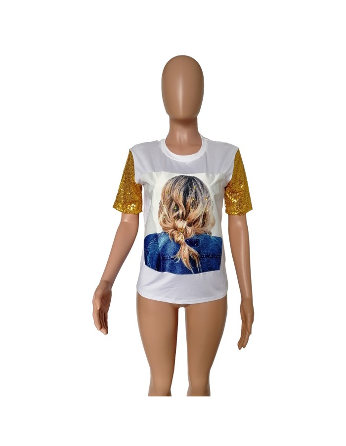 Women Tops Summer Short Sleeve Sequins T-Shirts M8443