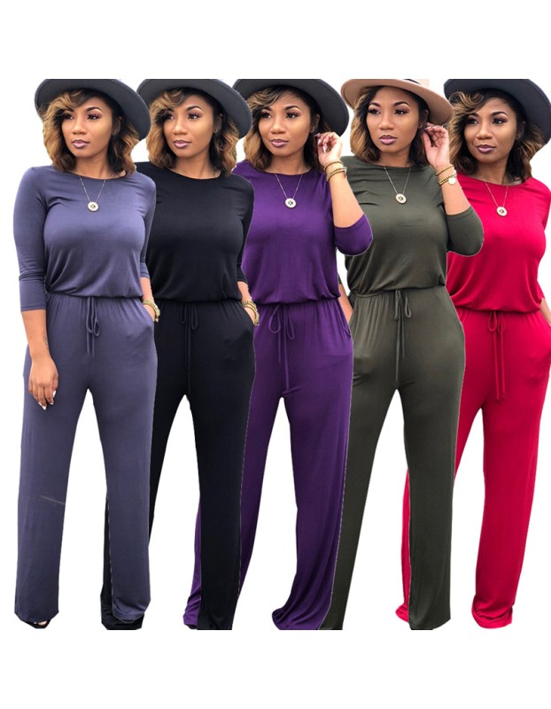 Women fashion soild color long sleeve loose causal jumpsuit m8303