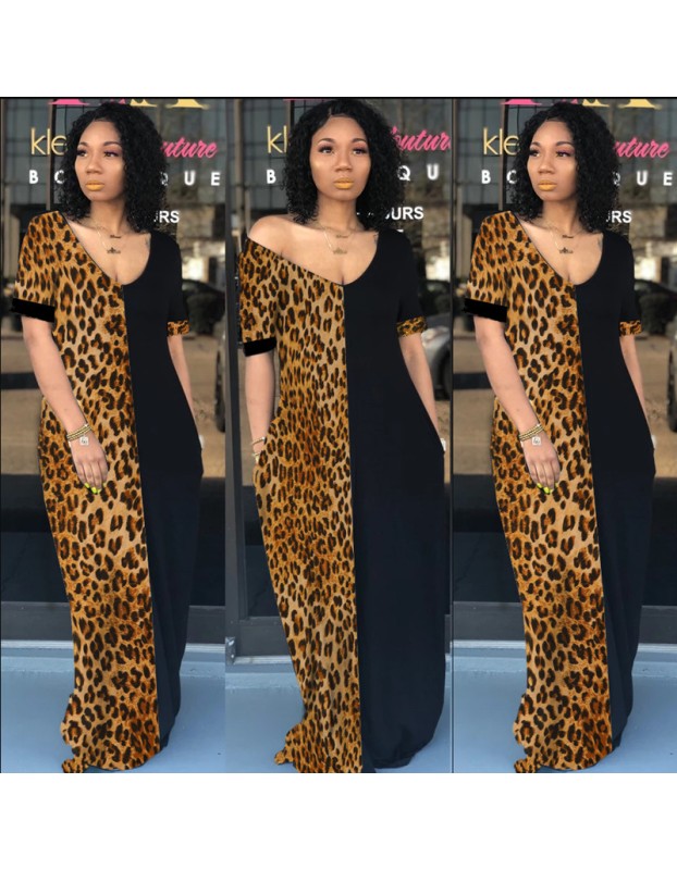 Lady Summer Loose Casual Leopard Pockets Dress M9200
