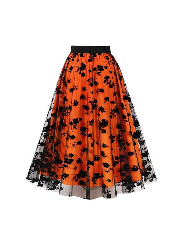 Mesh Double Flocking Floral Skirt With Waist Floral Print Women Full Skirt 5047