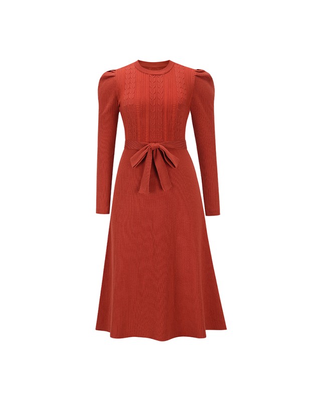 Mid-Length Wool Knit Puff Sleeve Casual High Waisted Loose Fall Dresses LQ163