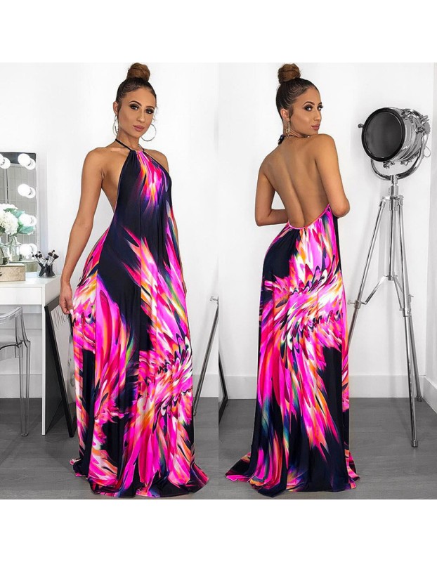 Halter Style Women Casual Loose Beach Maxi Dress M8388