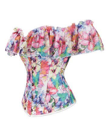 Floral Print Sexy Corset Shirt ff Shoulder Ruffles Sleeves Overbust Corset Top WK1903a
