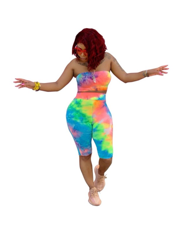 Women Sexy Two Piece Set Colorful Print Tube Top And Knee Length Pants m8418