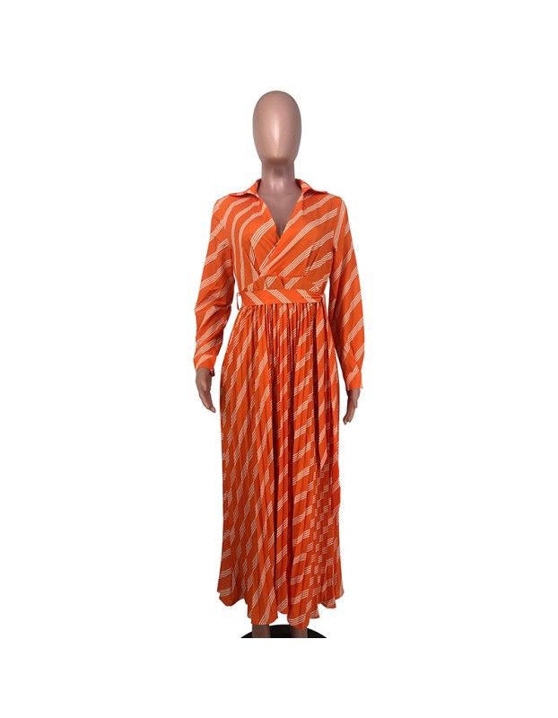 Sexy Women's V-neck Long Sleeve Exquisite Printed Pleated Dress YM8632