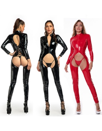 Open Crotch One-Piece Leather Bodycon Jumpsuit Sexy Bodysuit Set XX6810
