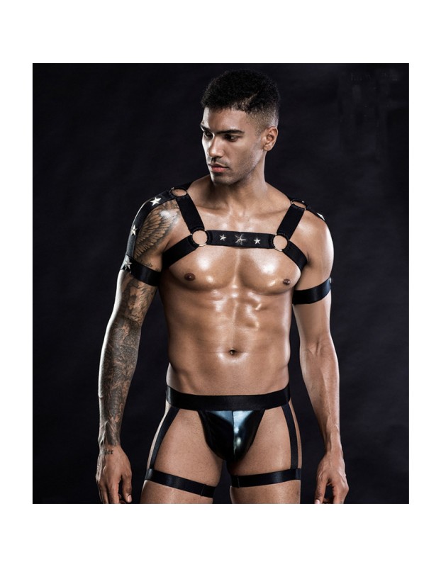 Men's Sexy Bandage Underwear Leather Bodysuits Porn Body Teddies Suit M6833