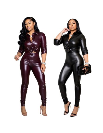 Women States Sexy Fashion Stretch PU Leather Cardigan Sport Two Sets LD81041