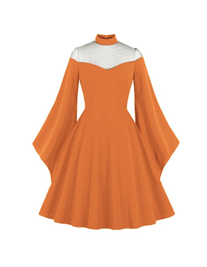 Women Fashion Elegant Mesh Patchwork Flare Sleeve Party Dress M3067
