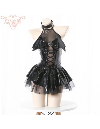 Women Imp Bat Patent Leather Witch Dress Costume Daemon Uniform Cosplay FSM096