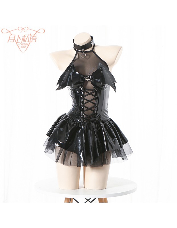 Women Imp Bat Patent Leather Witch Dress Costume Daemon Uniform Cosplay FSM096