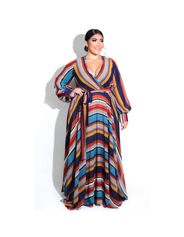 5XL 6XL Lady Elegant Sexy V Neck Floral Print Bandage Long Maxi Dress M9026