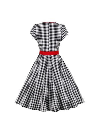 Women Retro Dress Black And White Check Belt Slimming Casual Dress 5039