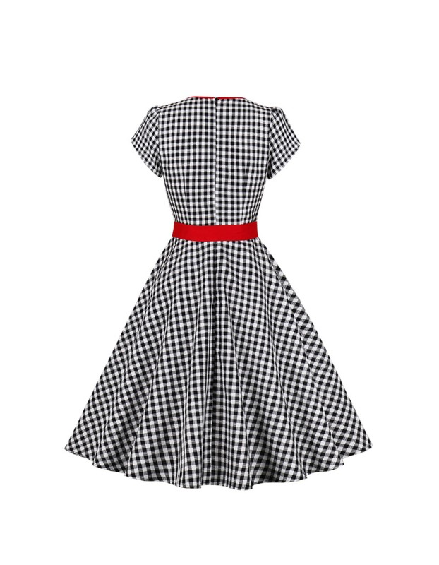 Women Retro Dress Black And White Check Belt Slimming Casual Dress 5039