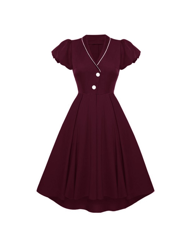 Contrast Color Christmas Formal Dovetail V-neck Puff Sleeves Dress CD1789
