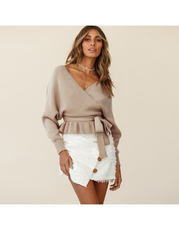 Long Sleeve Knitted Sexy Pull Over V-Neck Short Top Sweater LQ152